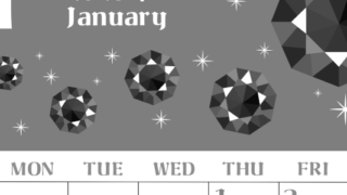 2026年1月縦型モノクロの日曜始まり ルビーイラストのおしゃれA4無料白黒カレンダー(2026-00460110)