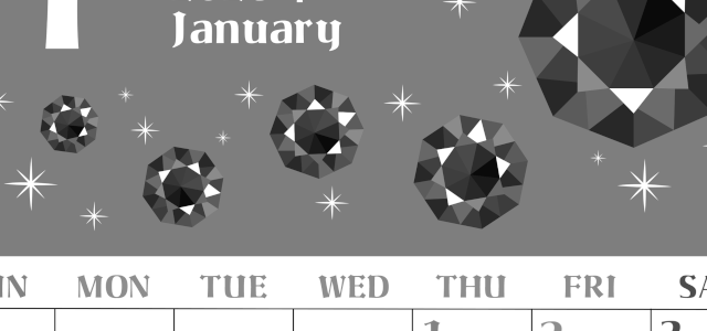 2026年1月縦型モノクロの日曜始まり ルビーイラストのおしゃれA4無料白黒カレンダー(2026-00460110)