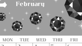 2026年2月縦型モノクロの日曜始まり 誕生石のイラストがおしゃれなA4無料白黒カレンダー(2026-00460210)