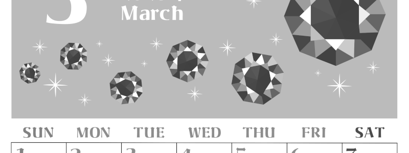 2026年3月縦型モノクロの日曜始まり 誕生石のイラストがおしゃれなA4無料白黒カレンダー(2026-00460310)