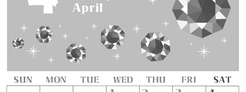 2026年4月縦型モノクロの日曜始まり 誕生石のイラストがおしゃれなA4無料白黒カレンダー(2026-00460410)