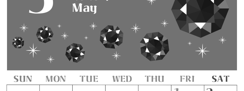 2026年5月縦型モノクロの日曜始まり 誕生石のイラストがおしゃれなA4無料白黒カレンダー(2026-00460510)