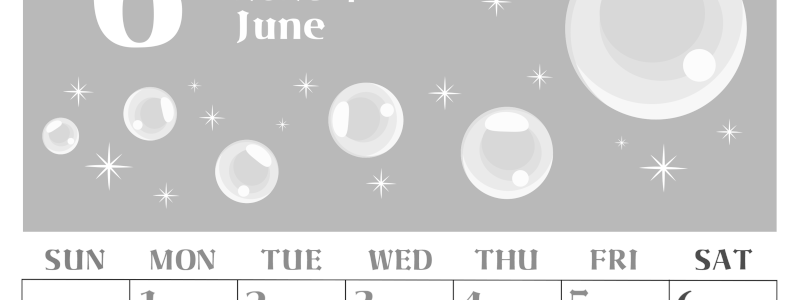 2026年6月縦型モノクロの日曜始まり 誕生石のイラストがおしゃれなA4無料白黒カレンダー(2026-00460610)