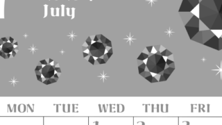 2026年7月縦型モノクロの日曜始まり 誕生石のイラストがおしゃれなA4無料白黒カレンダー(2026-00460710)