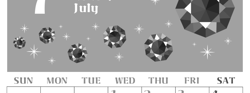 2026年7月縦型モノクロの日曜始まり 誕生石のイラストがおしゃれなA4無料白黒カレンダー(2026-00460710)