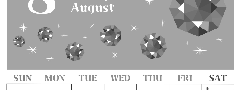 2026年8月縦型モノクロの日曜始まり 誕生石のイラストがおしゃれなA4無料白黒カレンダー(2026-00460810)