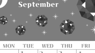 2026年9月縦型モノクロの日曜始まり 誕生石のイラストがおしゃれなA4無料白黒カレンダー(2026-00460910)