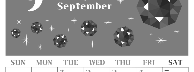 2026年9月縦型モノクロの日曜始まり 誕生石のイラストがおしゃれなA4無料白黒カレンダー(2026-00460910)