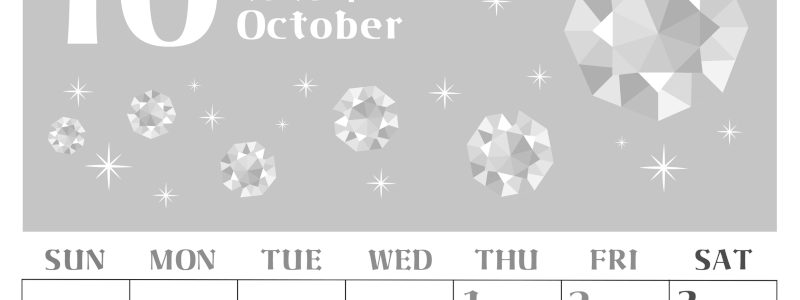 2026年10月縦型モノクロの日曜始まり 誕生石のイラストがおしゃれなA4無料白黒カレンダー(2026-00461010)