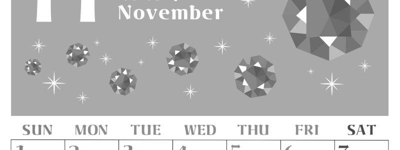 2026年11月縦型モノクロの日曜始まり 誕生石のイラストがおしゃれなA4無料白黒カレンダー(2026-00461110)