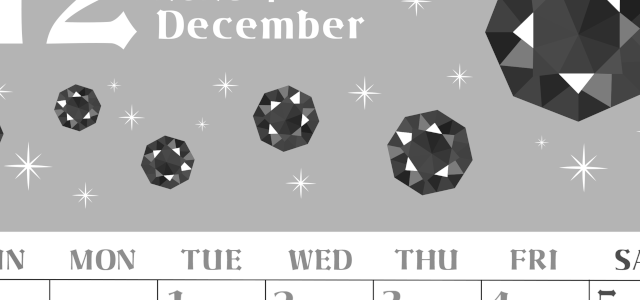 2026年12月縦型モノクロの日曜始まり 誕生石のイラストがおしゃれなA4無料白黒カレンダー(2026-00461210)