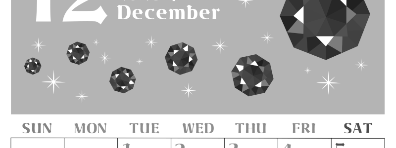 2026年12月縦型モノクロの日曜始まり 誕生石のイラストがおしゃれなA4無料白黒カレンダー(2026-00461210)