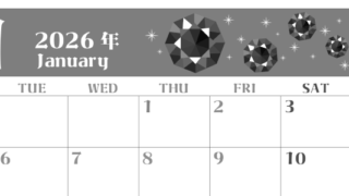 2026年1月横型モノクロの月曜始まり 宝石ルビーイラストのおしゃれA4無料白黒カレンダー(2026-00460101)