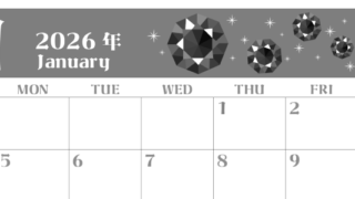 2026年1月横型モノクロの日曜始まり ルビーイラストのおしゃれA4無料白黒カレンダー(2026-00460100)