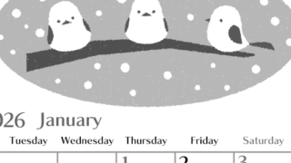 2026年1月縦型モノクロの月曜始まり イラストのおしゃれA4無料白黒カレンダー(2026-00470111)