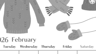 2026年2月縦型モノクロの月曜始まり イラストのおしゃれA4無料白黒カレンダー(2026-00470211)