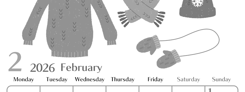 2026年2月縦型モノクロの月曜始まり イラストのおしゃれA4無料白黒カレンダー(2026-00470211)
