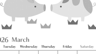 2026年3月縦型モノクロの月曜始まり 子豚イラストのおしゃれA4無料白黒カレンダー(2026-00470311)