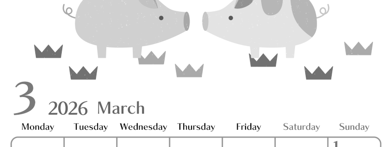 2026年3月縦型モノクロの月曜始まり 子豚イラストのおしゃれA4無料白黒カレンダー(2026-00470311)