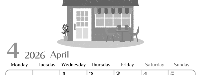 2026年4月縦型モノクロの月曜始まり 新生活イラストのおしゃれA4無料白黒カレンダー(2026-00470411)