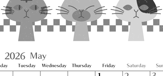 2026年5月縦型モノクロの月曜始まり 猫たちイラストのおしゃれA4無料白黒カレンダー(2026-00470511)