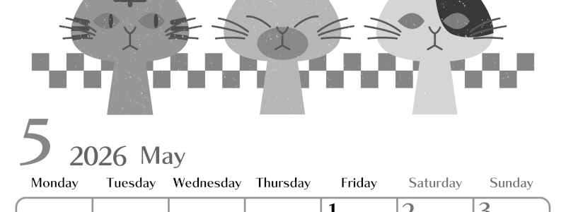 2026年5月縦型モノクロの月曜始まり 猫たちイラストのおしゃれA4無料白黒カレンダー(2026-00470511)