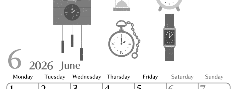 2026年6月縦型モノクロの月曜始まり 時計イラストのおしゃれA4無料白黒カレンダー(2026-00470611)