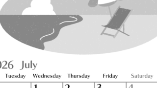 2026年7月縦型モノクロの月曜始まり  バカンスイラストのおしゃれA4無料白黒カレンダー(2026-00470711)