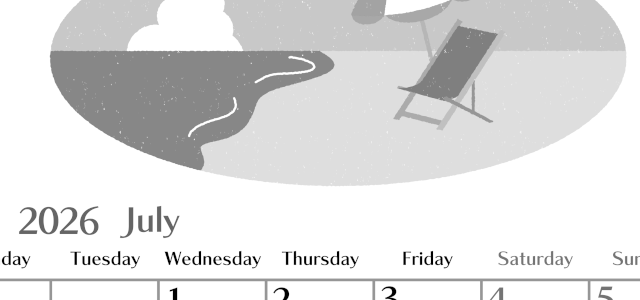 2026年7月縦型モノクロの月曜始まり  バカンスイラストのおしゃれA4無料白黒カレンダー(2026-00470711)