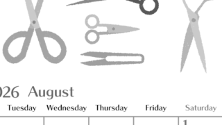 2026年8月縦型モノクロの月曜始まり ハサミイラストのおしゃれA4無料白黒カレンダー(2026-00470811)