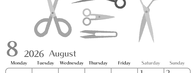 2026年8月縦型モノクロの月曜始まり ハサミイラストのおしゃれA4無料白黒カレンダー(2026-00470811)