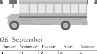 2026年9月縦型モノクロの月曜始まり バスイラストのおしゃれA4無料白黒カレンダー(2026-00470911)