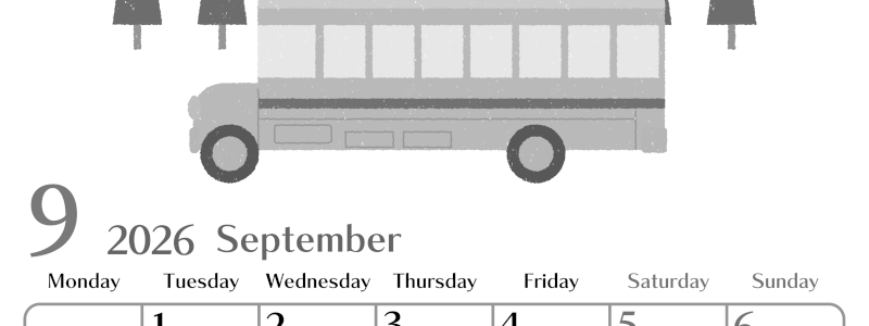 2026年9月縦型モノクロの月曜始まり バスイラストのおしゃれA4無料白黒カレンダー(2026-00470911)