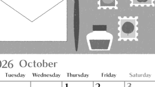 2026年10月縦型モノクロの月曜始まり 手紙イラストのおしゃれA4無料白黒カレンダー(2026-00471011)