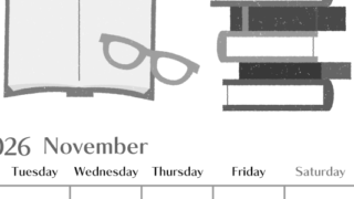 2026年11月縦型モノクロの月曜始まり 読書イラストのおしゃれA4無料白黒カレンダー(2026-00471111)