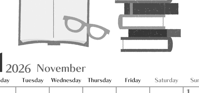 2026年11月縦型モノクロの月曜始まり 読書イラストのおしゃれA4無料白黒カレンダー(2026-00471111)