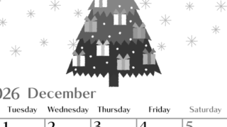 2026年12月縦型モノクロの月曜始まり クリスマスツリーイラストのおしゃれA4無料白黒カレンダー(2026-00471211)