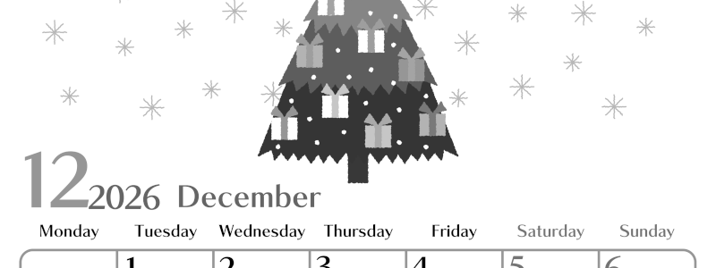 2026年12月縦型モノクロの月曜始まり クリスマスツリーイラストのおしゃれA4無料白黒カレンダー(2026-00471211)