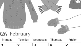 2026年2月縦型モノクロの日曜始まり イラストのおしゃれA4無料白黒カレンダー(2026-00470210)