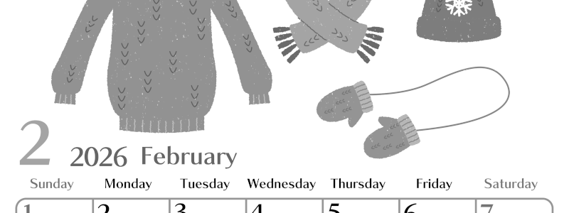 2026年2月縦型モノクロの日曜始まり イラストのおしゃれA4無料白黒カレンダー(2026-00470210)