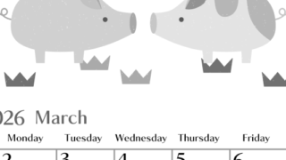 2026年3月縦型モノクロの日曜始まり 子豚イラストのおしゃれA4無料白黒カレンダー(2026-00470310)