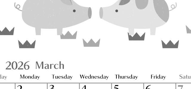 2026年3月縦型モノクロの日曜始まり 子豚イラストのおしゃれA4無料白黒カレンダー(2026-00470310)