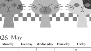 2026年5月縦型モノクロの日曜始まり 猫たちイラストのおしゃれA4無料白黒カレンダー(2026-00470510)