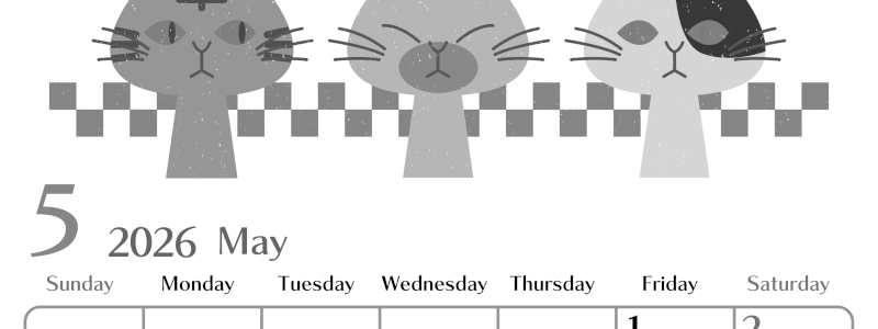 2026年5月縦型モノクロの日曜始まり 猫たちイラストのおしゃれA4無料白黒カレンダー(2026-00470510)