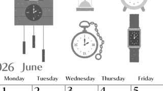 2026年6月縦型モノクロの日曜始まり 時計イラストのおしゃれA4無料白黒カレンダー(2026-00470610)