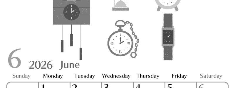 2026年6月縦型モノクロの日曜始まり 時計イラストのおしゃれA4無料白黒カレンダー(2026-00470610)