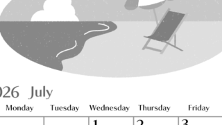 2026年7月縦型モノクロの日曜始まり  バカンスイラストのおしゃれA4無料白黒カレンダー(2026-00470710)