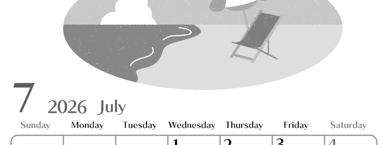 2026年7月縦型モノクロの日曜始まり  バカンスイラストのおしゃれA4無料白黒カレンダー(2026-00470710)