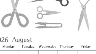 2026年8月縦型モノクロの日曜始まり ハサミイラストのおしゃれA4無料白黒カレンダー(2026-00470810)