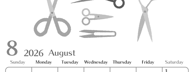 2026年8月縦型モノクロの日曜始まり ハサミイラストのおしゃれA4無料白黒カレンダー(2026-00470810)